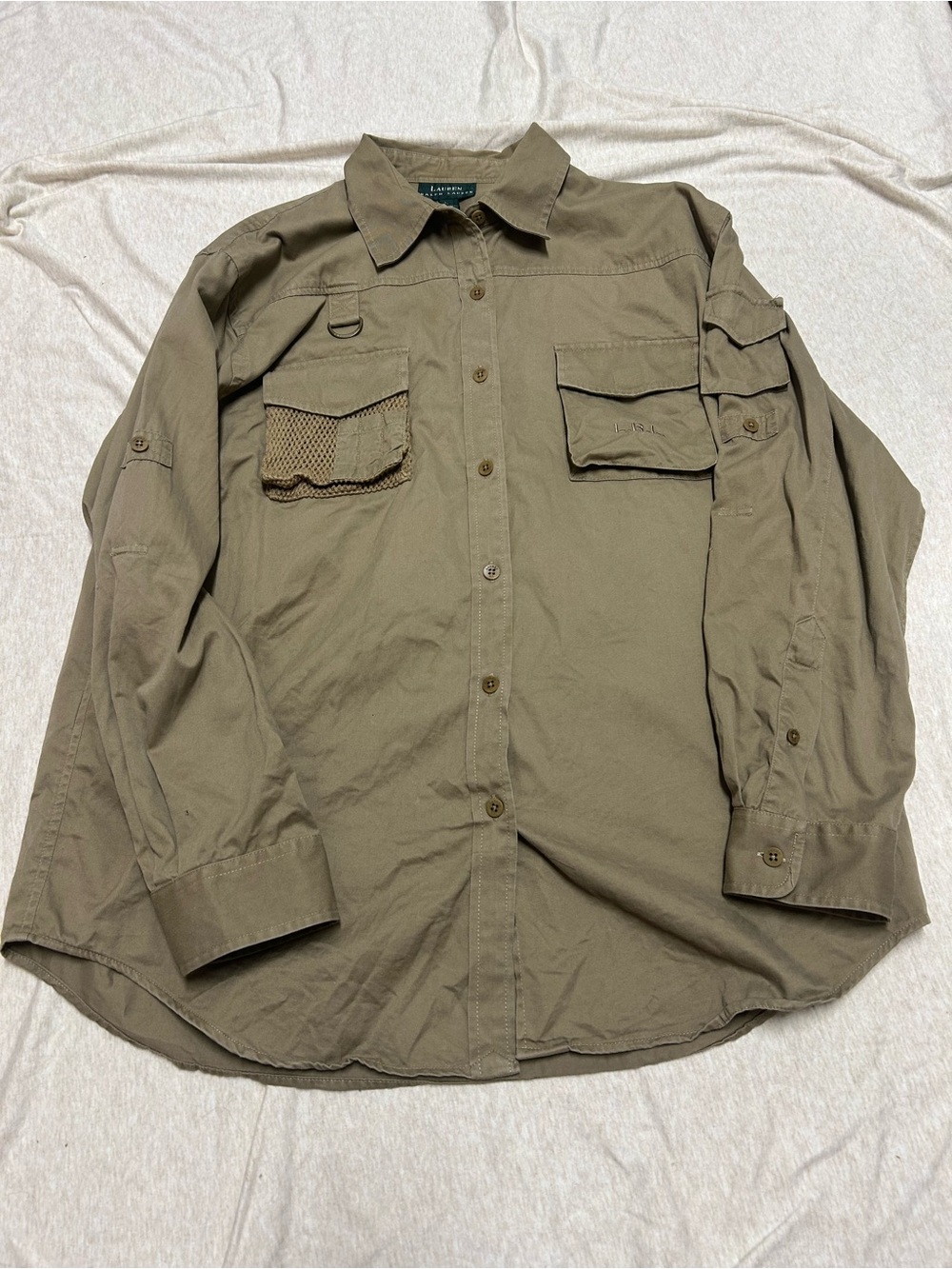 Vintage Lauren Ralph Lauren Safari Utility Shirt Khaki Mesh Pocket Outdoor